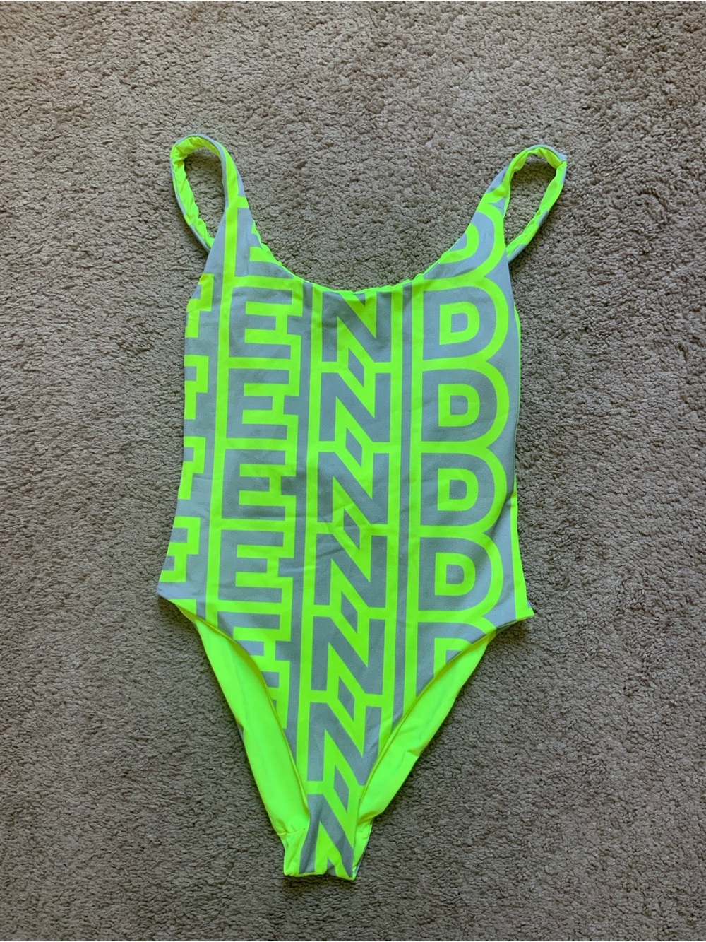 Fendi Women’s Neon Green Gray Logo One Piece Bathing Swim Suit Size S